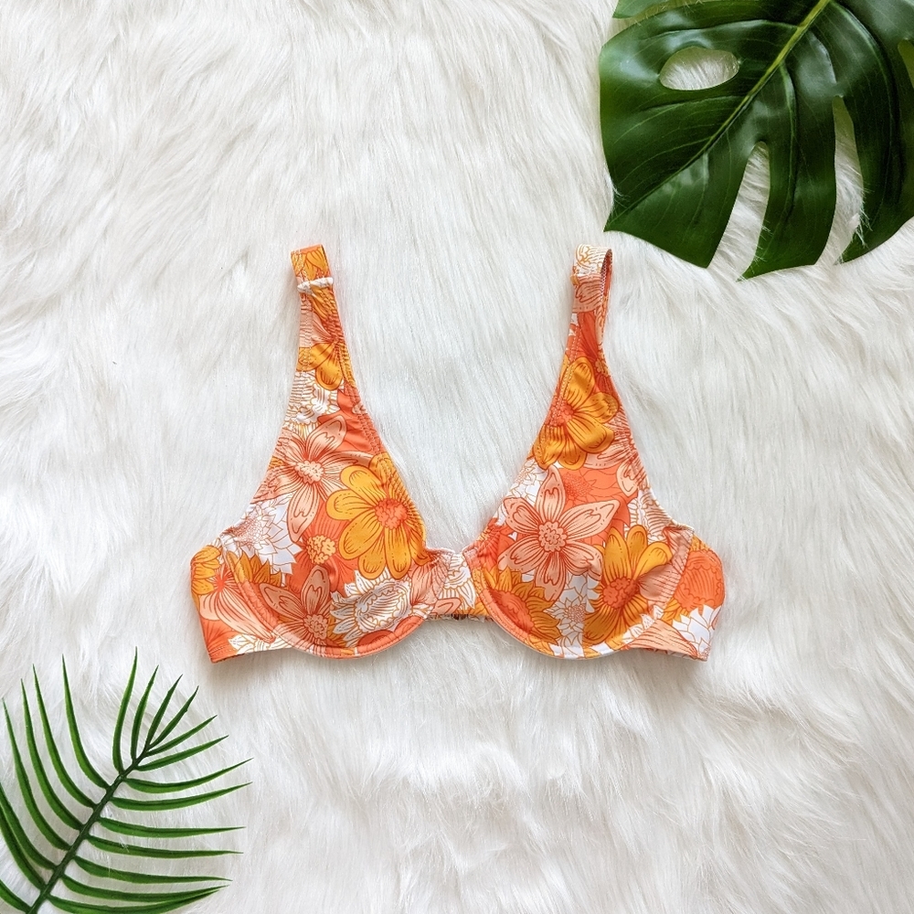 Orange And White Floral Pushup Adjustable Bikini Top Size S M L